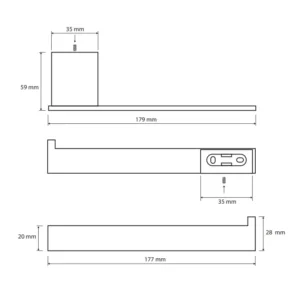 Tehnički crtež BEMETA Nero držač toalet papira desni 135012020 dimenzije 17.9 × 2.8 × 5.9 cm