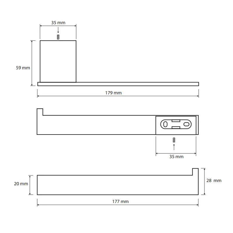 Tehnički crtež BEMETA Nero držač toalet papira desni 135012020 dimenzije 17.9 × 2.8 × 5.9 cm