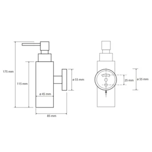 Tehnički crtež BEMETA Omega dozator sapuna 150 ml 104109012 dimenzije 5.5 × 17.5 × 8.5 cm
