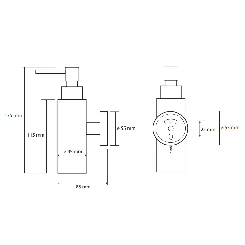 Tehnički crtež BEMETA Omega dozator sapuna 150 ml 104109012 dimenzije 5.5 × 17.5 × 8.5 cm