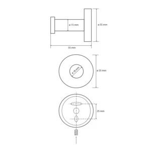 Tehnički crtež BEMETA Neo kukica 104106065 dimenzije 5.5 × 5.5 × 5.5 cm
