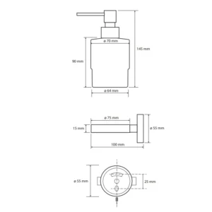 Tehnički crtež BEMETA Omega dozator sapuna 200 ml 104109102 dimenzije 7.5 × 14.5 × 10 cm