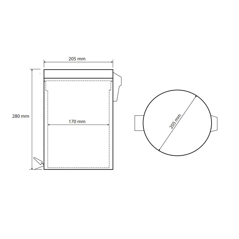 Tehnički crtež BEMETA White kanta za otpatke 5 l sa pedalom 104315014 dimenzije 20.5 × 28 × 20.5 cm