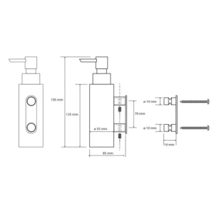 Tehnički crtež BEMETA Omega dozator sapuna 150 ml 104609172 dimenzije 5.5 × 19.5 × 8.5 cm