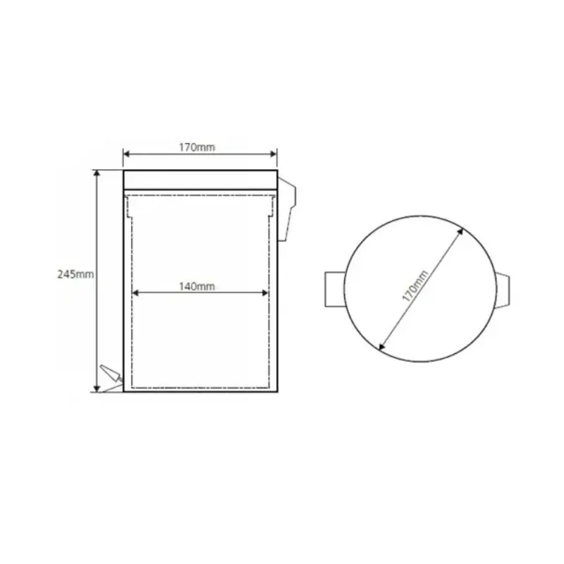 Tehnički crtež BEMETA Hotel kanta za otpatke 3 l mat sa pedalom 104315022A dimenzije 17 × 25.5 × 17 cm