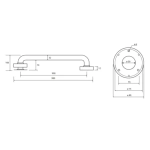 Tehnički crtež BEMETA Help rukohvat zidni 900 mm 301100901 dimenzije 98 × 8 × 10.6 cm