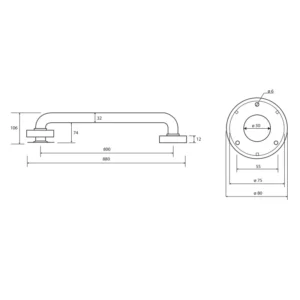 Tehnički crtež BEMETA Help rukohvat zidni 800 mm 301100801 dimenzije 88 × 8 × 10.6 cm