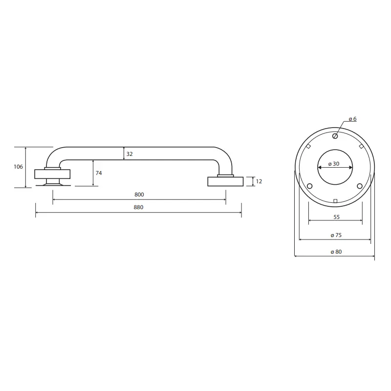 Tehnički crtež BEMETA Help rukohvat zidni 800 mm 301100801 dimenzije 88 × 8 × 10.6 cm