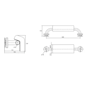 Tehnički crtež BEMETA Help naslon za leđa sa rukohvatom 500 mm 301100501-o dimenzije 58 × 12.4 × 15.5 cm