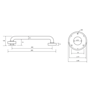 Tehnički crtež BEMETA Help rukohvat zidni 400 mm 301100401 dimenzije 48 × 8 × 10.6 cm