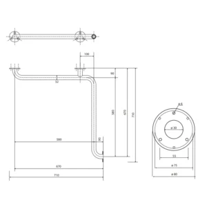 Tehnički crtež BEMETA Help ugaoni rukohvat zidni mat 301102032 dimenzije 71 × 8 × 71 cm