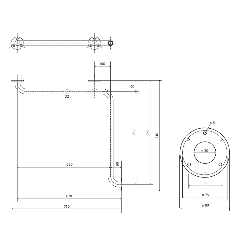 Tehnički crtež BEMETA Help ugaoni rukohvat zidni mat 301102032 dimenzije 71 × 8 × 71 cm