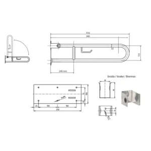 Tehnički crtež BEMETA Help U rukohvat sklopivi sa držačem toalet papira 900 mm 301102291 dimenzije 10 × 25 × 91.6 cm