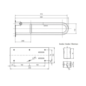 Tehnički crtež BEMETA Help U rukohvat sklopivi 900 mm 301102901 dimenzije 10 × 25 × 91.6 cm