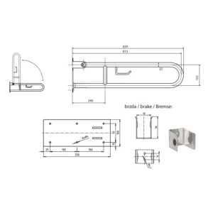 Tehnički crtež BEMETA Help U rukohvat sklopivi sa držačem toalet papira 813 mm 301102281 dimenzije 10 × 25 × 82.9 cm