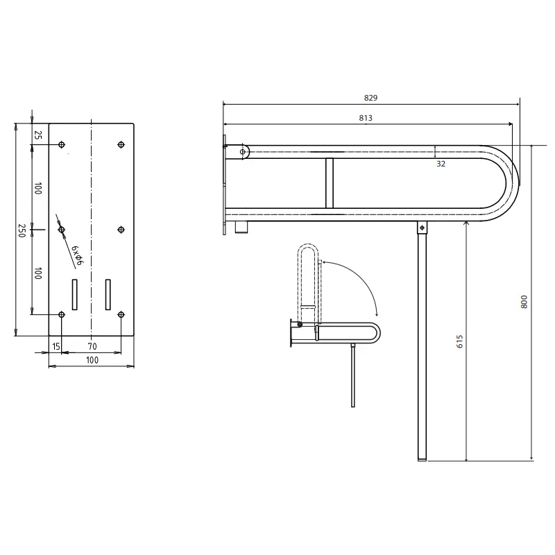 Tehnički crtež BEMETA Help U rukohvat sklopivi sa nogarom 813 mm 301102081N dimenzije 10 × 80 × 82.9 cm