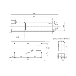 Tehnički crtež BEMETA Help U rukohvat sklopivi 813 mm 301102081 dimenzije 10 × 25 × 82.9 cm