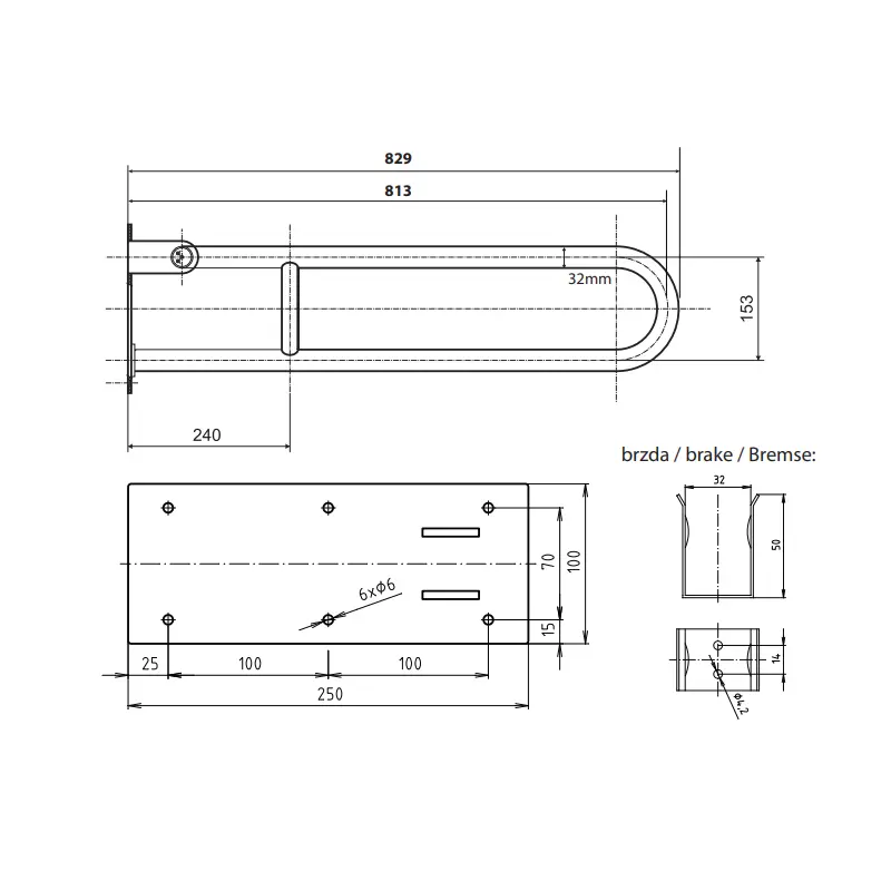 Tehnički crtež BEMETA Help U rukohvat sklopivi 813 mm 301102081 dimenzije 10 × 25 × 82.9 cm