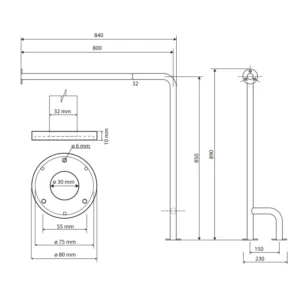 Tehnički crtež BEMETA Help rukohvat pod-zid levi 600 × 600 mm 301112131 dimenzije 23 × 89 × 84 cm