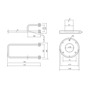 Tehnički crtež BEMETA Help rukohvat fiksni levi 820 mm 301112151 dimenzije 23.5 × 38 × 77.6 cm