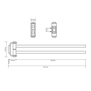 Tehnički crtež BEMETA Solo duplog okretnog držača peškira 422 mm sa dimenzijama 2,5 × 8,3 × 42,2 cm Tehnički crtež BEMETA Solo duplog okretnog držača peškira 422 mm 139104102