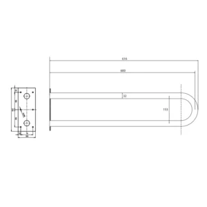 Tehnički crtež BEMETA Help U rukohvat fiksni 600 mm 301102051 dimenzije 10 × 25 × 61.6 cm