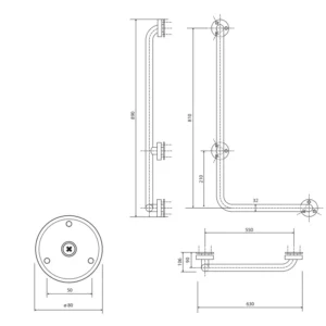Tehnički crtež BEMETA Help L rukohvat zidni levi 890 mm 301112041 dimenzije 63 × 89 × 11 cm