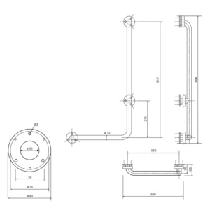 Tehnički crtež BEMETA Help L rukohvat zidni desni 890 mm 301122041 dimenzije 63 × 89 × 11 cm