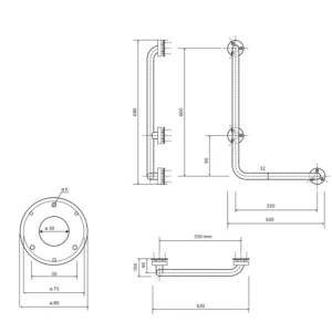 Tehnički crtež BEMETA Help L rukohvat zidni levi 680 mm 301112071 dimenzije 63 × 68 × 11 cm