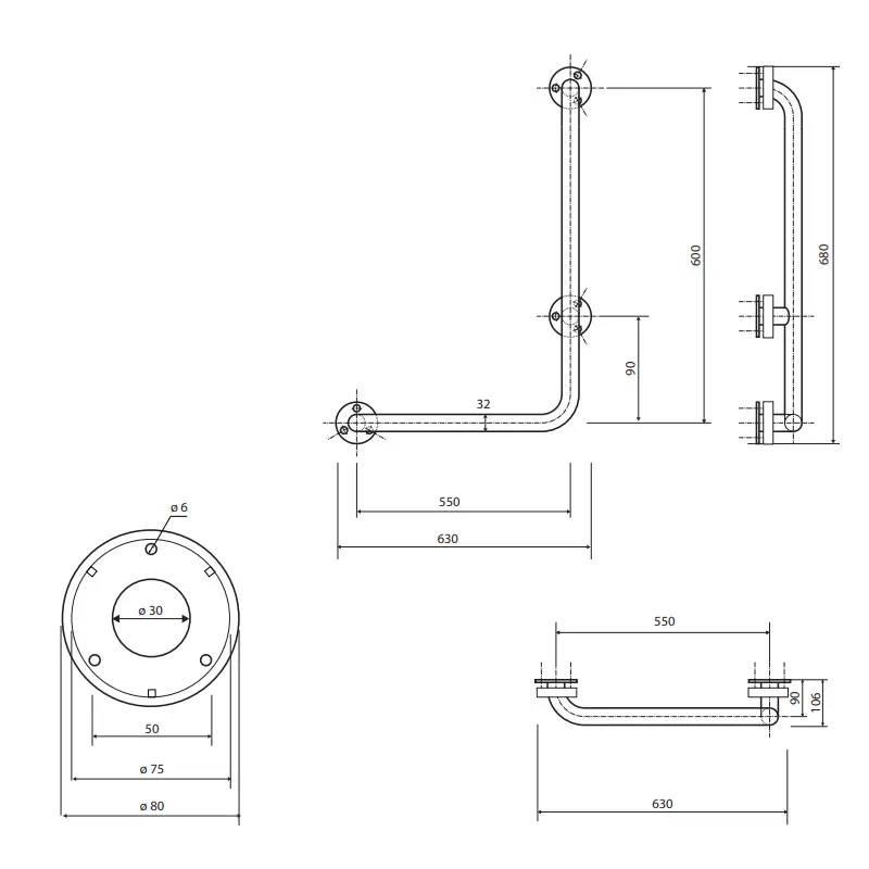 Tehnički crtež BEMETA Help L rukohvat zidni desni 680 mm 301112061 dimenzije 63 × 68 × 11 cm