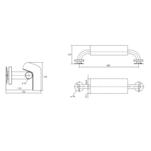 Tehnički crtež BEMETA Help naslon za leđa sa rukohvatom 500 mm 301100501-o dimenzije 58 × 12.4 × 15.5 cm