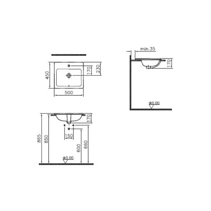 Vitra S20 5464B003-0001 beli pravougaoni ugradni lavabo 50 × 45 cm