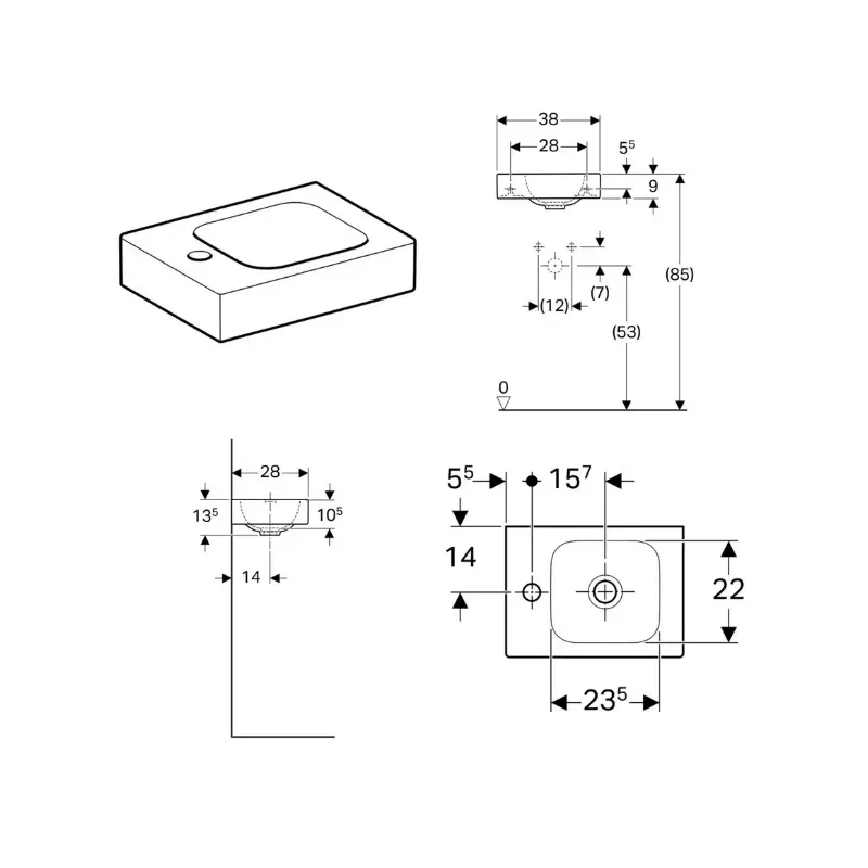 Geberit iCon 124836000 beli zidni lavabo 38 × 28 cm sa otvorom za slavinu levo
