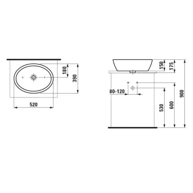 LAUFEN PRO 12964 beli ovalni nadgradni lavabo 52 × 39 cm bez otvora za slavinu sa prelivom
