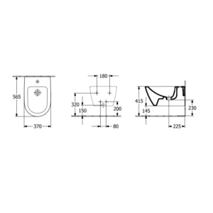 Tehnički prikaz za VILLEROY & BOCH Subway 2.0 konzolni bide 54000001, bela boja, dimenzije 37,5 × 28 × 56,5 cm