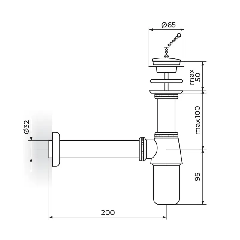 Rosan sifon za lavabo od mesinga sa čepom i lančićem Ø32 mm (S200) - Slika 2