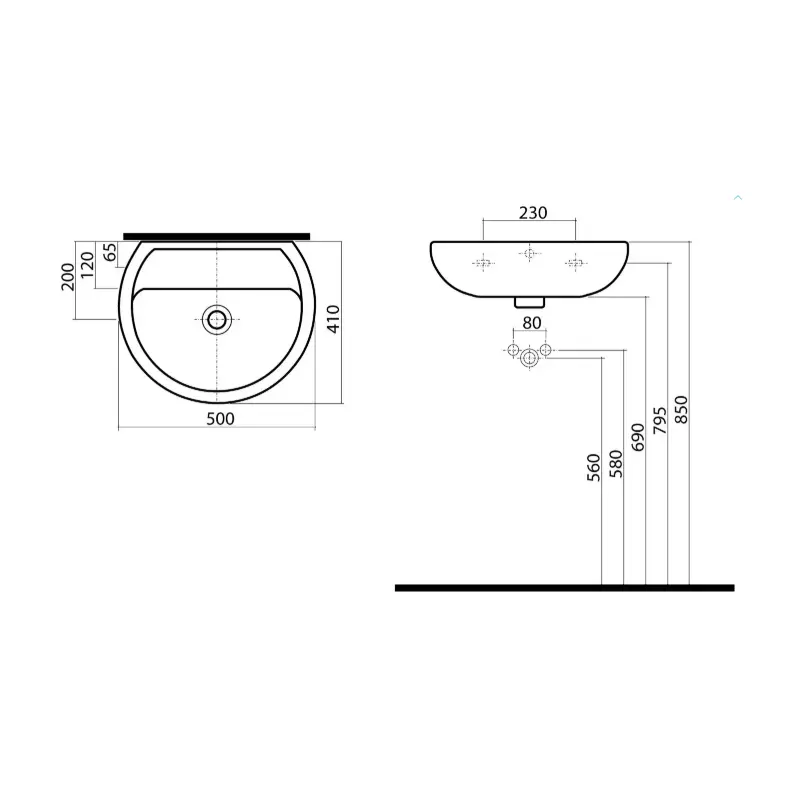 KOLO Rekord zidni lavabo bez otvora za slavinu 50 × 41 cm beli (K91050) - Slika 2