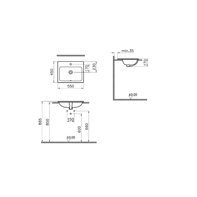 Vitra S20 5465B003-0001 beli pravougaoni ugradni lavabo 55 × 45,5 cm