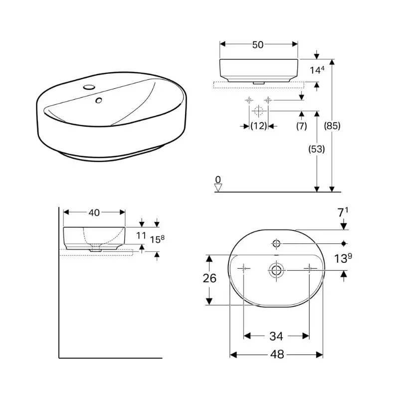 Geberit VariForm elipsasti nadgradni lavabo sa otvorom za slavinu 50 × 40 cm beli (500.775.01.2) - Slika 3