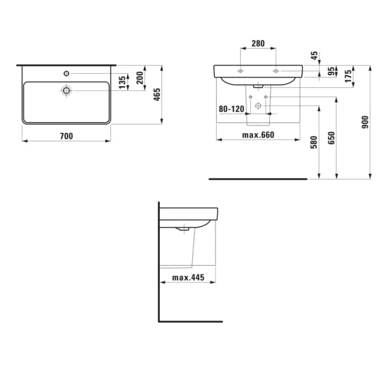 LAUFEN PRO S 10967 beli zidni lavabo 70 × 46,5 cm sa centralnim otvorom za slavinu i prelivom