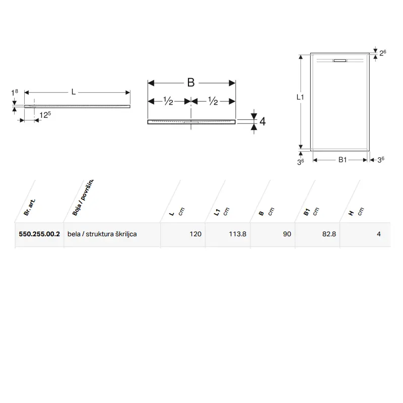 Geberit Sestra tuš kada 120×90 bela (550.255.00.2) - Slika 2