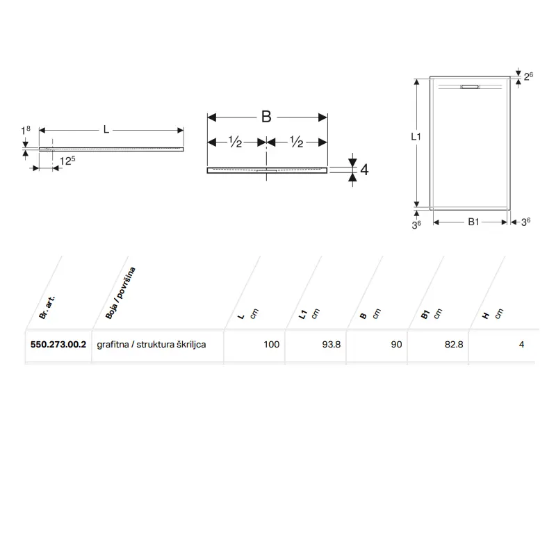 Geberit Sestra tuš kada 100×90 grafitna (550.273.00.2) - Slika 2