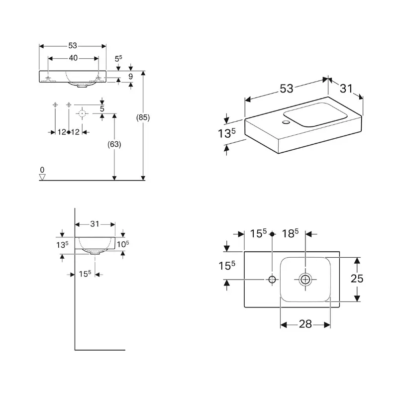 Geberit iCon 124153000 beli lavabo 53 × 31 cm sa policom i otvorom za slavinu levo