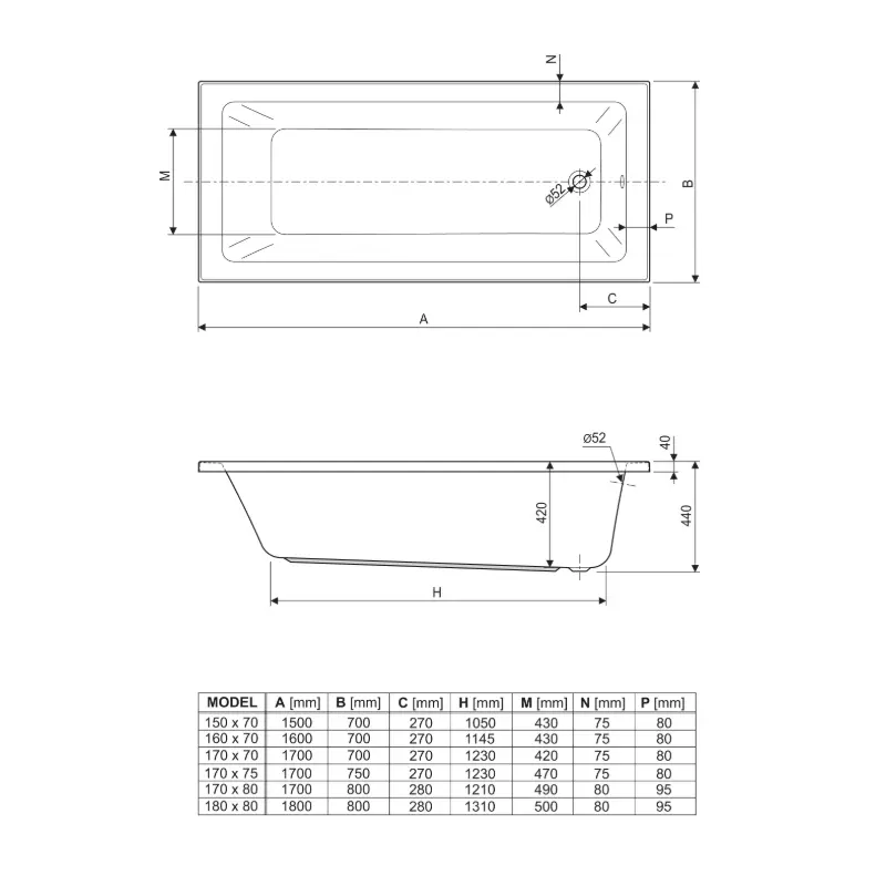 Aquaestil Como kada 150×70 cm bela akrilna kada šifra 6024700