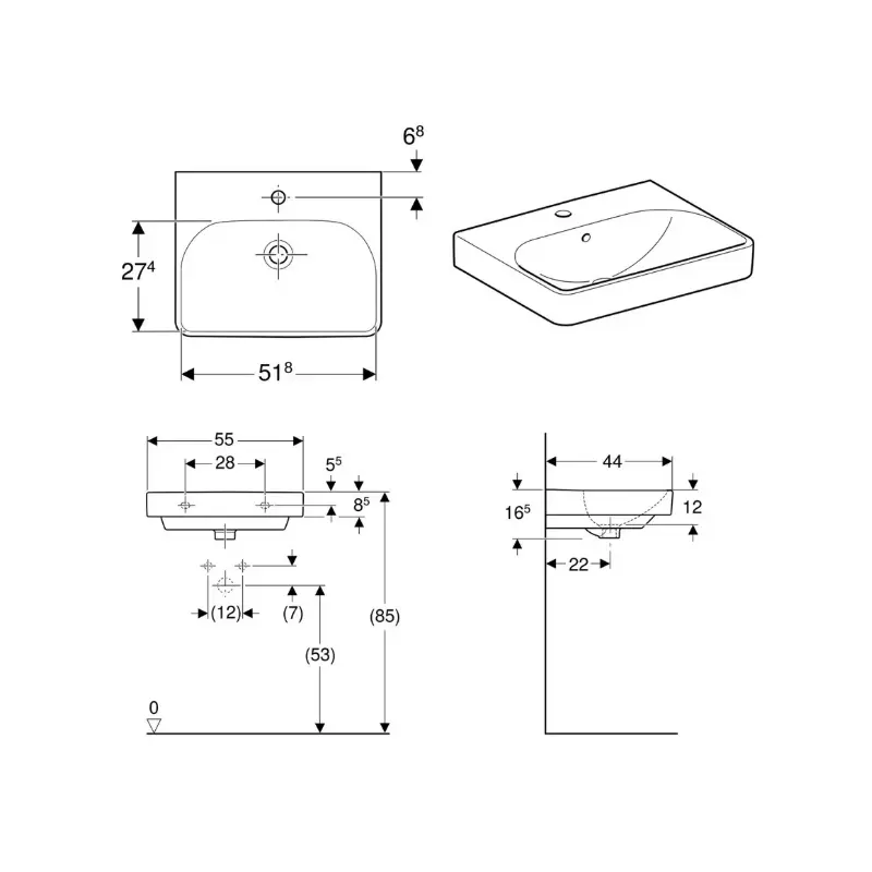 Geberit Smyle 500.259.01.1 beli zidni lavabo sa otvorom za slavinu 55 × 48 cm