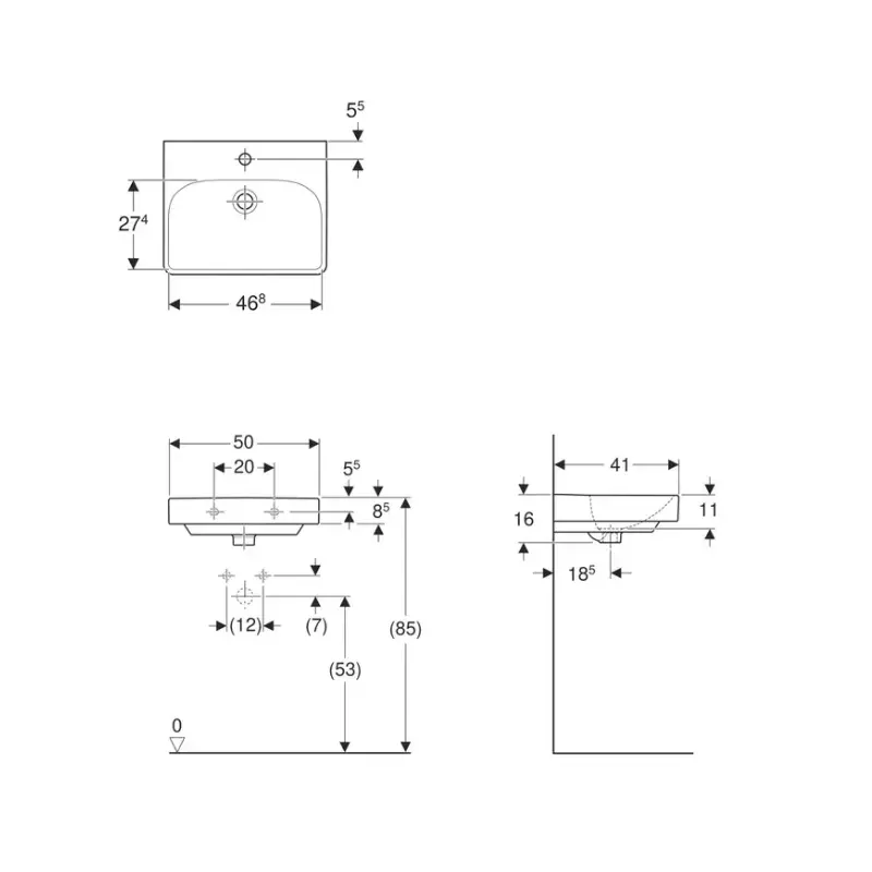 Geberit Smyle 500.256.01.1 beli mali zidni lavabo sa otvorom za slavinu 50 × 41 cm