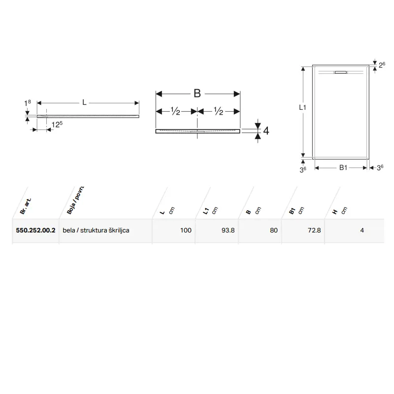 Geberit Sestra tuš kada 100×80 bela sa strukturom škriljca 550.252.00.2
