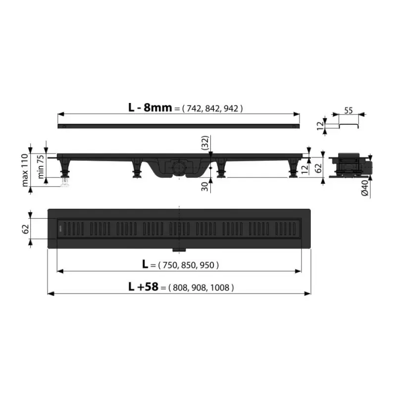 Alca APZ10BLACK tuš kanalica sa mat crnom inox rešetkom