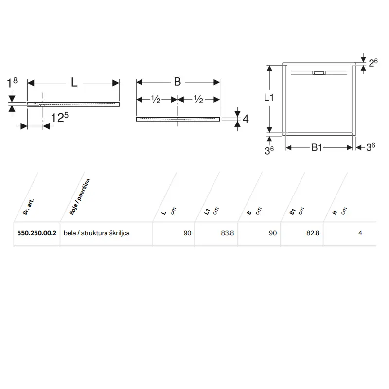 Geberit Sestra tuš kada 90×90 bela (550.250.00.2) - Slika 2