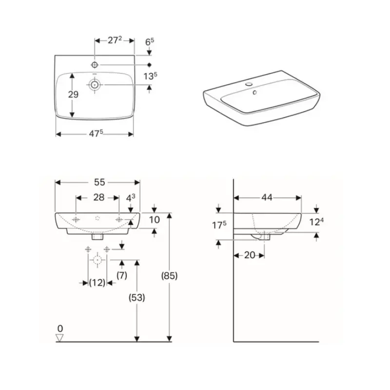 Geberit Selnova Square 500.290.01.1 beli zidni lavabo sa otvorom za slavinu 55 × 44 cm